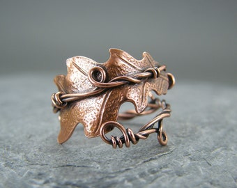 Adjustable Copper Oak Leaf Ring: Nature Inspired Bohemian Jewelry