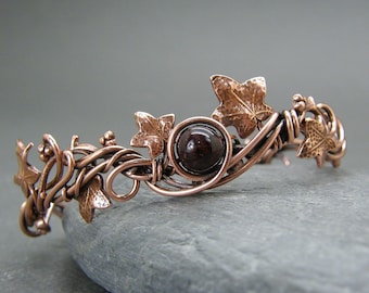 Garnet adjustable copper bracelet ~ Copper bangle for women  ~ Ivy leaves ~ Ivy vine ~ Copper anniversary gifts for her ~ Copper gifts ~