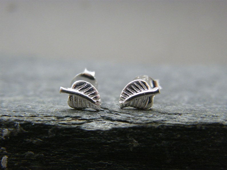 Silver leaf studs ~ Sterling silver stud earrings ~ Leaf earrings ~ Tiny studs ~ Minimalist earrings ~ Silver stud ~ Stocking filler for her