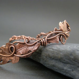 Handmade Oak Leaf Copper Bangle: Adjustable Wire Wrapped Bracelet