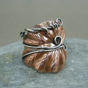 Adjustable copper thumb ring ~ leaf ring with sterling silver band ~ Mixed metal ring ~ Two tone ring ~ Wire wrapped ~ Gift for girlfriend