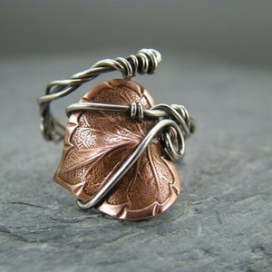 Leaf ring ~ copper leaf ring ~ Silver leaf ring ~ Mixed metal ring ~ Adjustable ring ~ Thumb ring ~ Oak leaf ring ~ Gift for nature lover