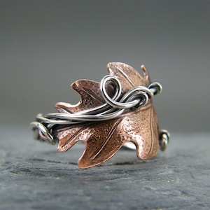 Leaf ring ~ copper leaf ring ~ Silver leaf ring ~ Mixed metal ring ~ Adjustable ring ~ Thumb ring ~ Oak leaf ring ~ Gift for nature lover