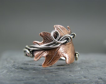 Copper Oak Leaf Ring: Sterling Silver Band, Adjustable Thumb Ring