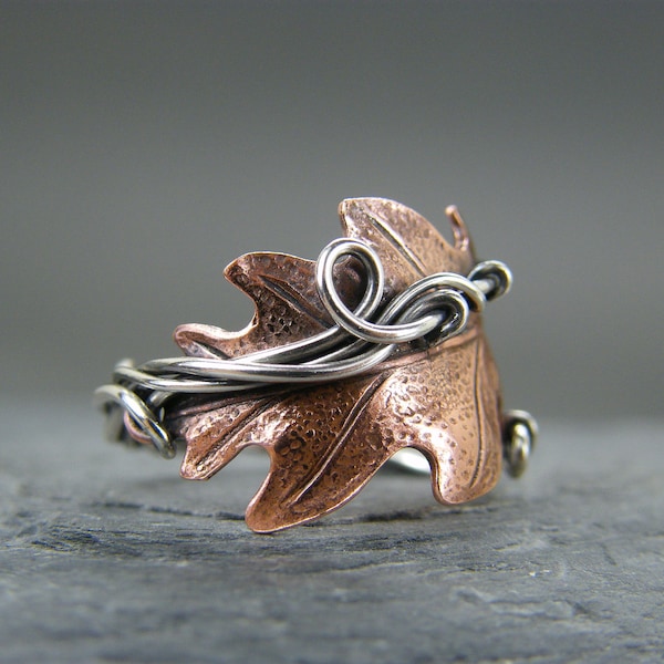 Leaf ring ~ copper leaf ring ~ Silver leaf ring ~ Mixed metal ring ~ Adjustable ring ~ Thumb ring ~ Oak leaf ring ~ Gift for nature lover