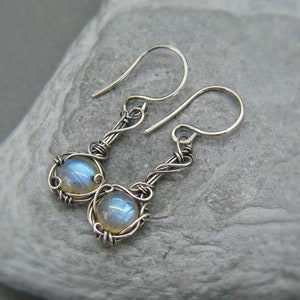 Sterling Silver Labradorite Drop Earrings: Twisting Vine Design