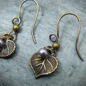 Brass Leaf Earrings: Lilac Swarovski Pearl, Nature Jewelry