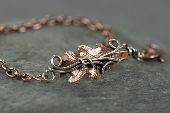 Handmade Copper Oak Leaf Bracelet: Sterling Silver Wire Wrapped