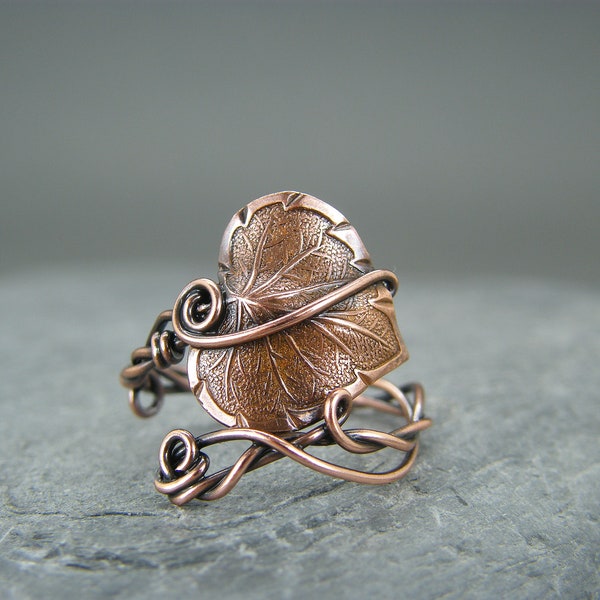 Handmade Copper Leaf Ring: Adjustable Nature Jewelry
