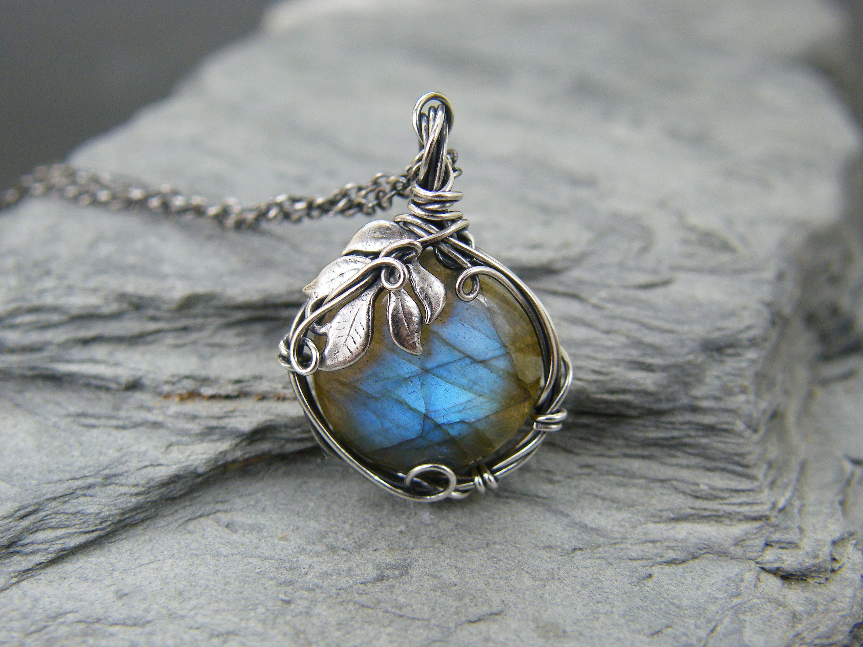 Silvershake Genuine Labradorite Sterling Silver Leaf Pendant - 925 Silver Vintage Inspired Jewelry