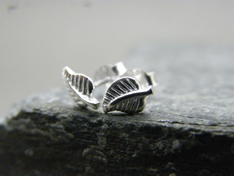 Silver leaf studs ~ Sterling silver stud earrings ~ Leaf earrings ~ Tiny studs ~ Minimalist earrings ~ Silver stud ~ Stocking filler for her