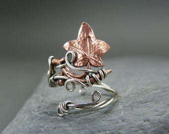 Adjustable Copper Ivy Leaf Ring: Sterling Silver Band, Nature Jewelry