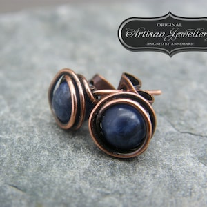 Blue gemstone studs ~ Simple delicate stud earrings ~ Copper stud earrings ~ Low cost gift for best friend ~ Copper anniversary gift for her