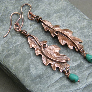 Copper earrings women ~ Gift earrings for nature lover ~ Copper anniversary gift for her ~ Turquoise earrings for women ~ Copper leaves ~