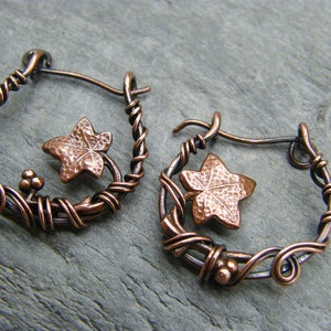 Hoop earrings ~ Copper hoops ~ Sleepers ~ Leaf jewelry ~ Ivy leaf earrings ~ Ivy leaf jewellery ~ Unusual hoops ~ Boho earrings ~ Hoops