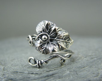 Adjustable Sterling Silver Leaf Ring: Handmade Nature Jewelry