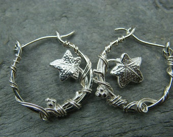 Silver leaf earrings ~ Sterling silver hoop earrings ~ Unique silver hoops ~ Small hoop earrings ~ Nature inspired earrings gift for her