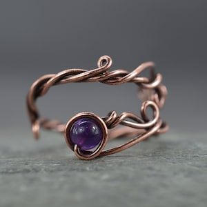 Verstellbarer Amethyst-Kupferring: Handgemachter Reben-Stil