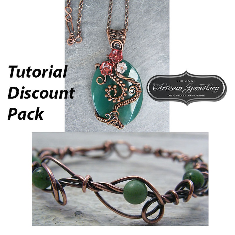 May include: A copper wire wrapped pendant with a green stone and red and white flowers. The pendant is on a copper chain. The image also shows a copper wire wrapped bracelet with green stones. The text "Original Artisan Jewellery Designed by Annemarie" is visible in the image.