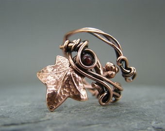 Garnet Leaf Ring: Adjustable Copper Ivy, January Birthstone