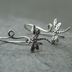 May include: A pair of silver dragonfly earrings with a delicate wire design. The dragonflies are detailed and have a slightly textured finish.