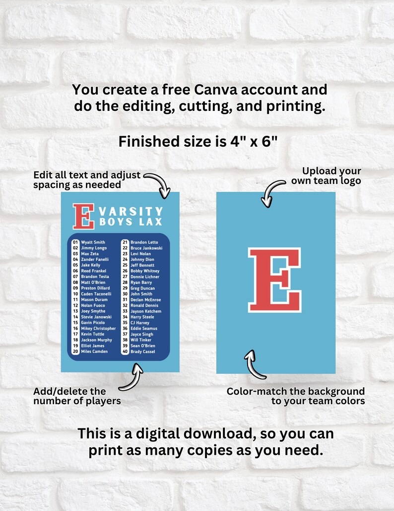 EDITABLE Team Roster Card TEMPLATE 4 W/two Columns, Rounded Edges You ...