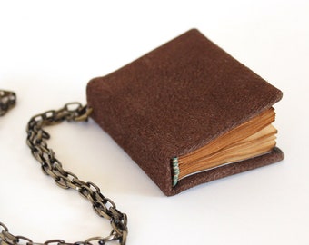A Worn Volume - Mini Book Chain Necklace Handbound Hardcover Brown Suede Leather Casebound Book Charm, Jewelry for Librarian, Author Gift