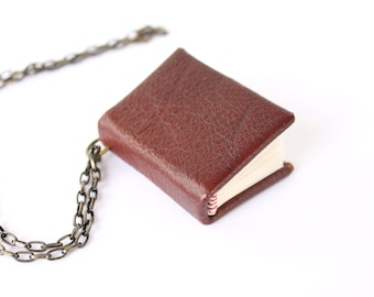 A Worn Volume - Mini Book Chain Necklace in Brown, Red, and Yellow, Handbound Leather Casebound Book Charm, Jewelry for Librarian, Author