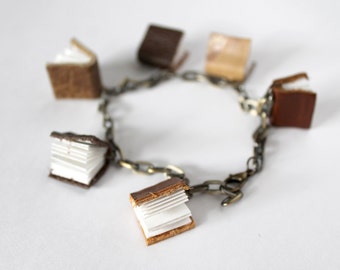 Mini Book Chain Bracelet with Shades of Brown Leather, Handmade Book Jewelry, Gift for Librarian, Book Lover, Author, Teacher! MADE TO ORDER