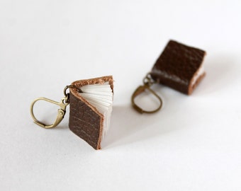 Mini Book Leverback Earrings; Tiny Real Leather and Paper Book Charm Post Dangle Earrings, Gift for a Book Lover, Librarian, Author, Teacher