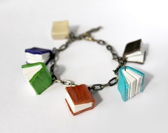 Colorful "Brights" Mini Book Bracelet, Chain with Tiny Leather Books, Handmade Book Jewelry Gift for a Librarian or Book Lover Made to Order