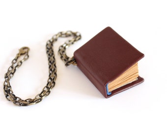 A Worn Volume - Tiny Book Chain Necklace Brown Leather Handbound with Tea Stained Pages, Casebound Book Charm, Jewelry for Librarian, Author