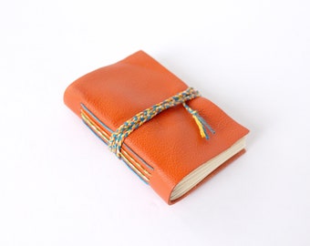 Little Leather Travel Journal - Orange Pocket Size Longstitch Journal with Braided Cord Closure. Tiny Notebook, Travel Log, Mini Sketchbook