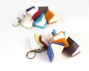 Mini Book Cluster Earrings, Leverback Earrings, Tiny Real Leather and Paper Book Charm Dangle Drop Earrings, Gift for Librarian, Teacher