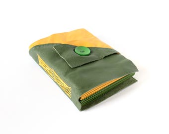 Green & Yellow Patchwork Leather Longstitch Journal with Pencil Loops - Unique Travel Log, Sketchbook, Smash Book, Unlined Journal, Gift