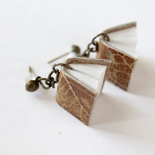 Mini Book Drop Earrings; Tiny Real Leather and Paper Book Charm Post Stud Dangle Earrings, Gift for a Book Lover, Librarian, Author, Teacher