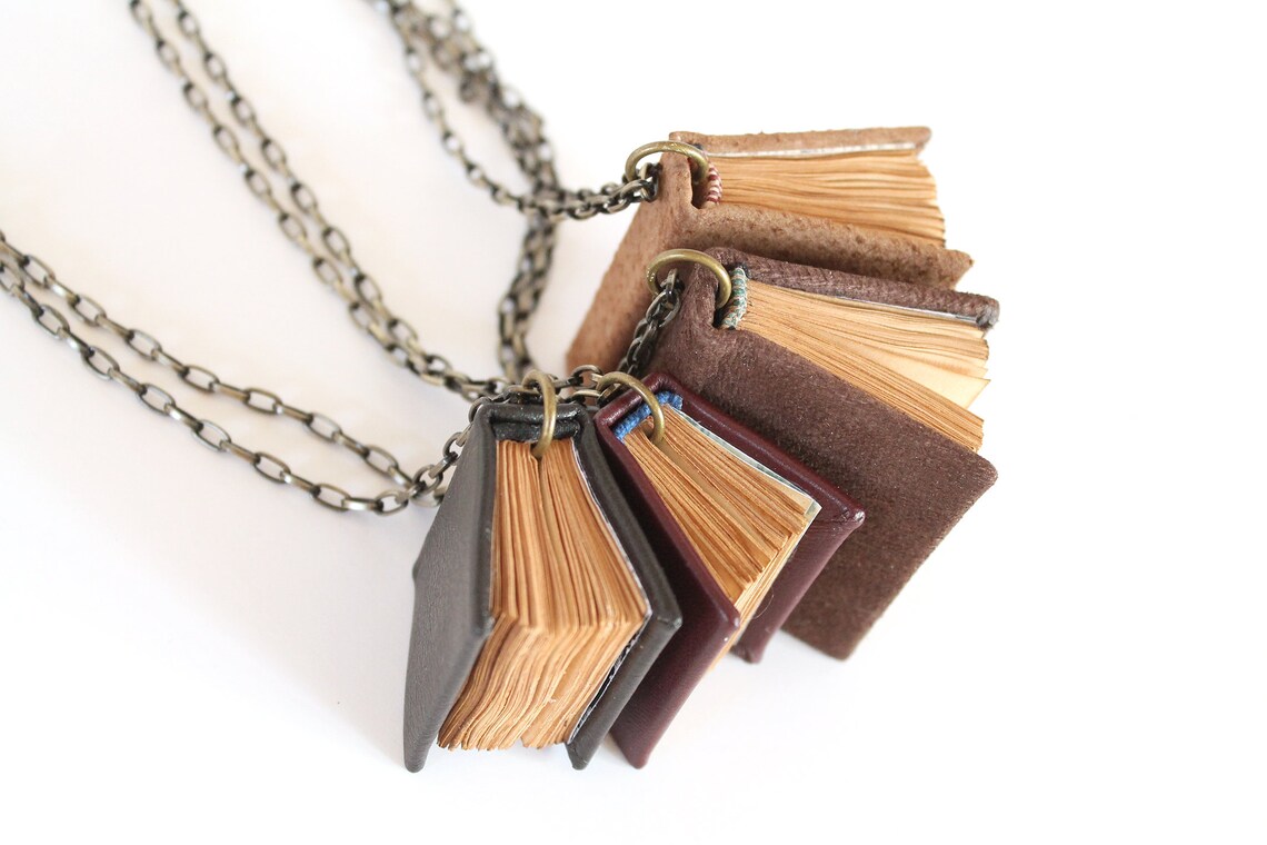 A Worn Volume - Tiny Book Chain Necklace Brown Leather Handbound With ...