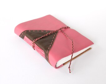 Small Leather Travel Journal in Patchwork Pink and Brown with Braided Cord Closure. Unlined Longstitch Leather Notebook, Hand Bound Diary