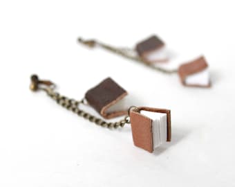 Mini Book Clip On Earrings; Tiny Leather and Paper Book Charm Dangle Nonpierced Earrings, Gift for Book Lover, Librarian, Author, Teacher