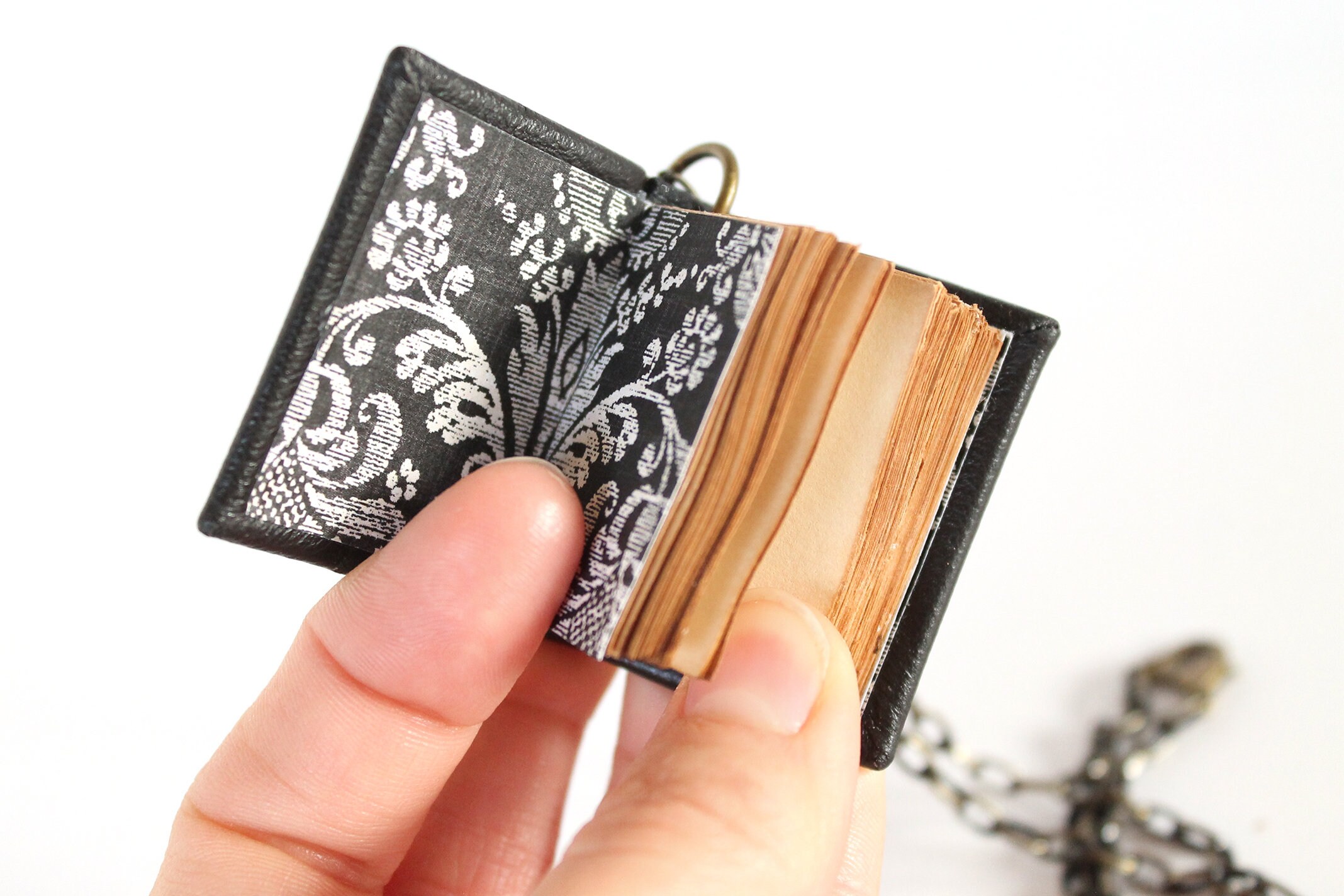 Delicate Book Chain A Worn Volume - Tiny Book Chain Necklace Black Leather Handbound With ...