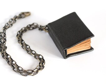 A Worn Volume - Tiny Book Chain Necklace Black Leather Handbound with Tea Stained Pages, Casebound Book Charm, Jewelry for Librarian, Author