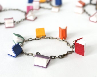 Mini Book Bracelets in Limited Edition Colors, Chain with Tiny Leather Books, Handmade Book Jewelry, Gift for a Librarian or Book Lover