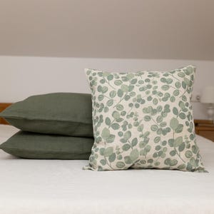 Botanical Linen Pillow Cover – Eucalyptus Leaf Print Cushion, Nature-Inspired Decorative Throw Pillow, Handmade Eco Home Decor. Custom sizes