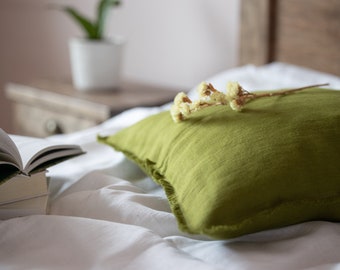 Olivgrönt fransigt linneörngott för soffa eller säng, fransigt linneörngott, fransigt linneörngott, bondgårdsmönstrat örngott