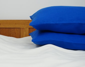 Taie d’oreiller en lin bleu royal (cobalt), housse d’oreiller en lin de chambre bleu royal, taie d’oreiller bleue pour lit en Euro, Standard, Queen, King tailles