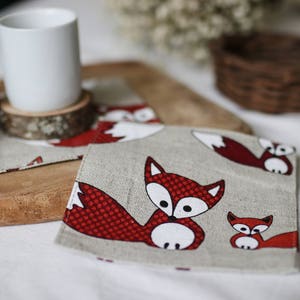 Drink coasters, fox coaster, Woodland tablecloth, animal linens, handmade coasters, wedding coasters, Christmas coasters, table coasters fox image 3