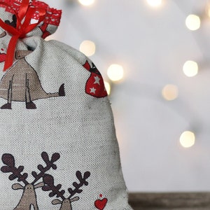 Christmas linen gift bags. Rudolf and Santa ornament sack. Santa gift bag. Christmas favor bags. Xmas accent pouch with red lace image 5