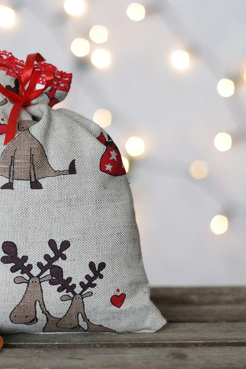 Christmas linen gift bags. Rudolf and Santa ornament sack. Santa gift bag. Christmas favor bags. Xmas accent pouch with red lace image 5