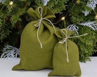 Set 10 linen fabric gift bags, Christmas gift pouch, fabric wedding bags, green linen favor bag, linen baptism favor bags, set linen pouch