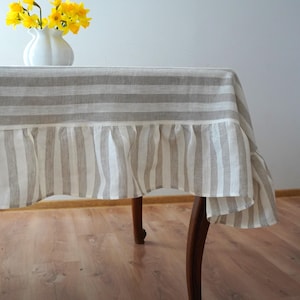 Striped Linen Tablecloth with Ruffle – Rustic Farmhouse Table Cover, Natural Flax Table Linen, Handmade Cottagecore Decor. Custom tablecloth